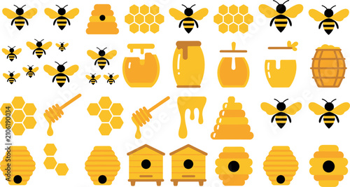 Set of honey bee vector icons featuring honeycombs honey jars hives dippers isolated on white background flat design elements