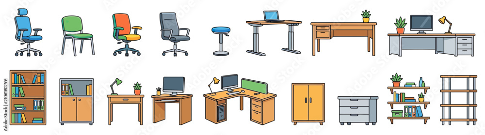 Fototapeta premium Office Furniture Collection with Desks, Chairs, and Shelving