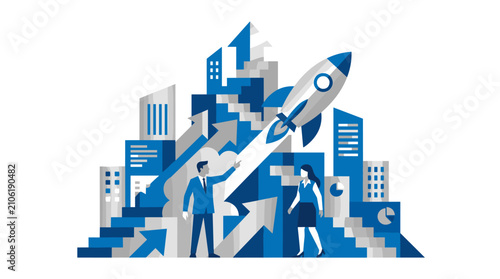 Business illustration of male and female professionals launching a rocket against a blue abstract cityscape with ascending stairs and growth arrows on white background.