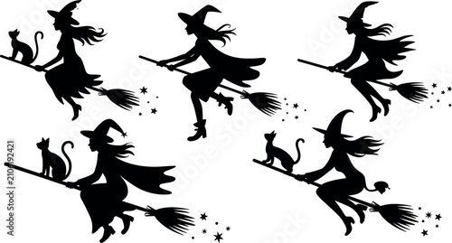 Obraz na płótnie Set of flying witch silhouettes riding broomstick with black cat vector illustra