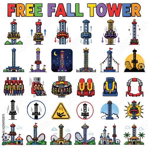 Картината върху платно Free Fall Tower Line Art Icon Set, Amusement Park Drop Ride Vector Collection