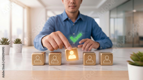 HR recruitment and talent selection with a man selecting a golden block with a glowing person icon and green checkmark