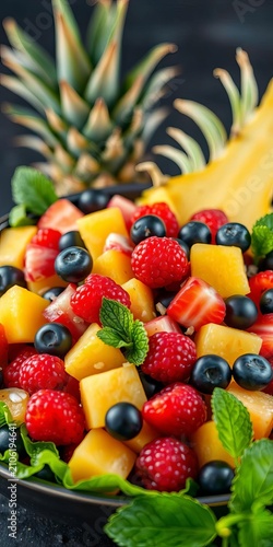 Fresh fruit salad with mixed berries, grapes, and pineapple, ||berries, grapes