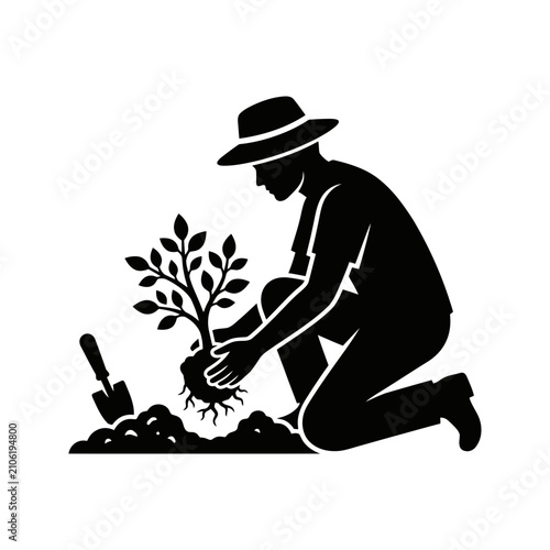 Gardener Kneeling and Planting Tree Silhouette Vector Illustration