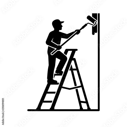 Painter Standing on Ladder Painting Wall Silhouette Vector Illustration