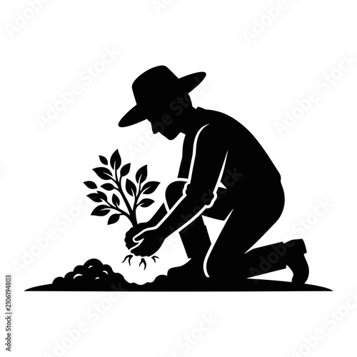 Gardener Kneeling and Planting Tree Silhouette Vector Illustration