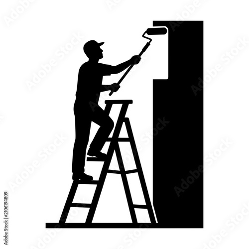Painter Standing on Ladder Painting Wall Silhouette Vector Illustration