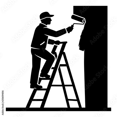 Painter Standing on Ladder Painting Wall Silhouette Vector Illustration