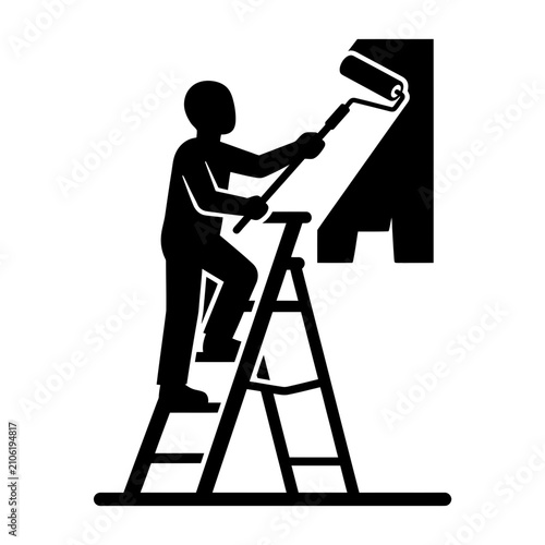 Painter Standing on Ladder Painting Wall Silhouette Vector Illustration