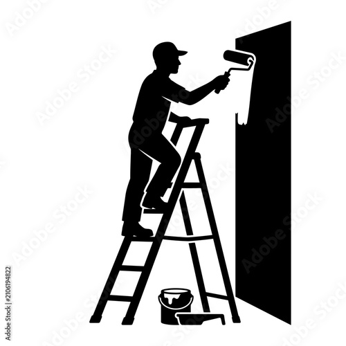 Painter Standing on Ladder Painting Wall Silhouette Vector Illustration