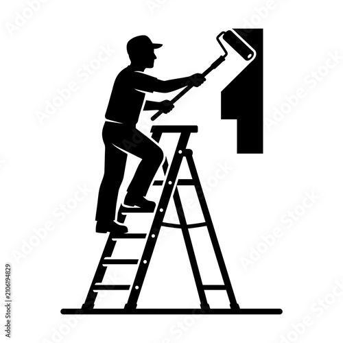 Painter Standing on Ladder Painting Wall Silhouette Vector Illustration
