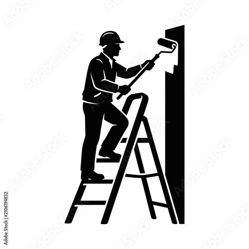Painter Standing on Ladder Painting Wall Silhouette Vector Illustration