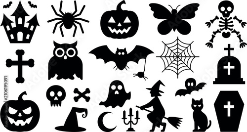 Quadro su tela Halloween vector silhouette icon mega collection featuring pumpkin witch ghost b