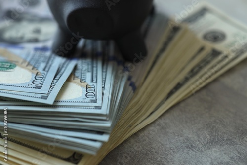 Fotografie A piggy bank is placed on top of a large amount of cash