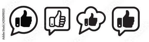 Speech bubble icons with thumbs up symbols showing positive comments and likes.