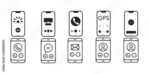 Foto Mobile phone interface icons set showing call messaging navigation and camera ui design elements