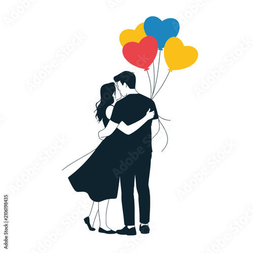 Принти на полотні Minimalist Black Silhouette Couple Embracing with Heart Balloons Illustration
