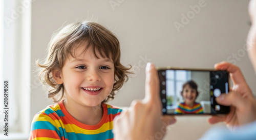 Parent photographing happy smiling little boy using mobile phone camera indoors. Close up phone screen photo.