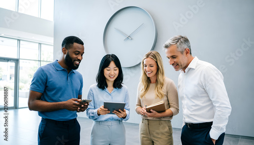 Diverse business colleagues reviewing data on a digital tablet in a modern office lobby. Smiling multiethnic professionals discussing a project using digital devices during a corporate meeting.