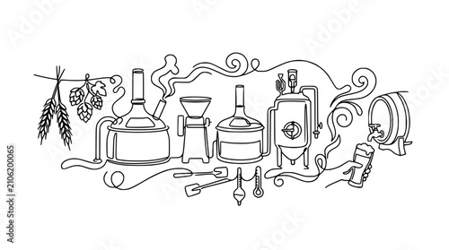 Cuadro en lienzo Craft Beer Brewing Process Line Art Illustration: Ingredients, Equipment, and Po