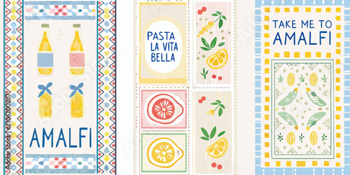 Fotografie italian themed product labels vector illustration amalfi pasta lemon wine bottle