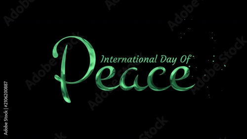 Green glossy metallic international day peace text on black background. Suitable for social media posts, banners, and promotions related to peace events.