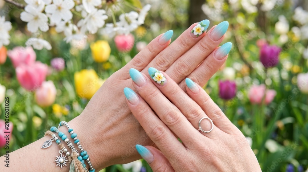 Fototapeta premium A close up view of elegantly manicured hands featuring a blue ombre design with delicate white floral 3D accents against a vibrant blurred floral garden background