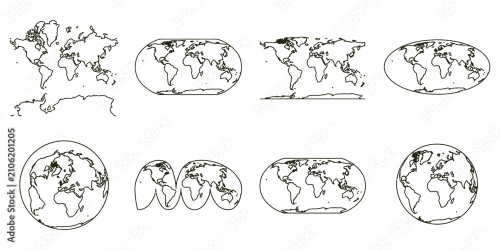 Fototapeta premium World Map Outline Collection Unique Minimal Cartography Vector Designs