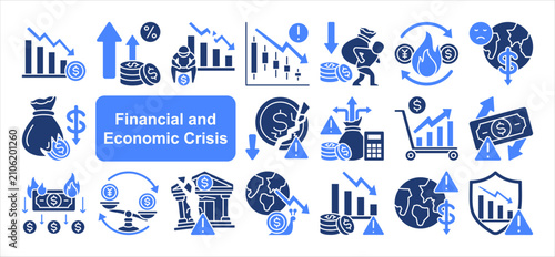 Tableau sur toile Financial and Economic Crisis icon set, with Debt Crisis, Budget Deficit, Trade