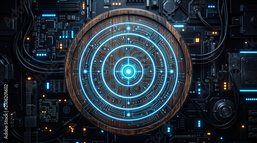 Wooden circular shield with glowing blue circuit board in tech setting.