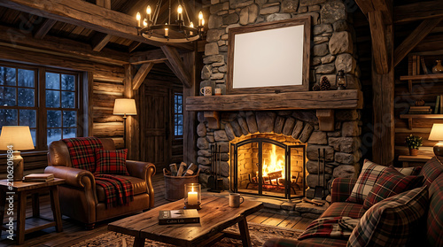 Cozy Log Cabin Retreat: A rustic log cabin interior with a roaring stone fireplace, comfortable plaid armchairs, and warm ambient lighting creates an inviting atmosphere for a winter evening.