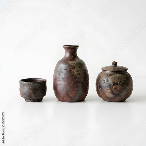 Handmade Wood-Fired Ceramic Set with Sake Bottle, Teacup and Lidded Jar, Wabi-Sabi Pottery Isolated on White
