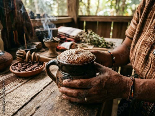 Elder Hands Holding Frothy Ceremonial Cacao in Handmade Clay Mug, Traditional Indigenous Ritual Table Setting