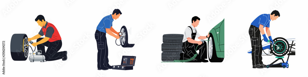 Obraz premium Set of flat illustrations showing professional mechanics performing various tire services including inflation, pressure check, and changing wheels on a white background.