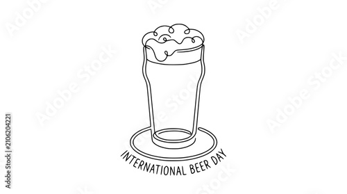 Continuous Line Drawing of Beer Glass with Foam and International Beer Day Text