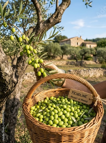 Freshly Harvested Green Picholine Olives in Wicker Basket, Traditional Provence Olive Grove Harvest