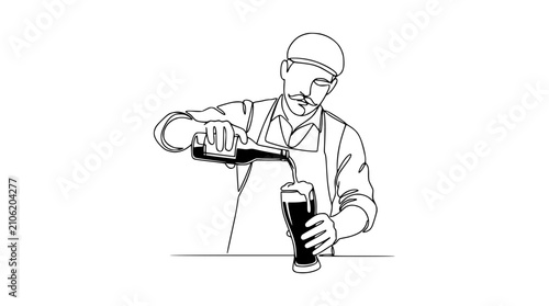 Bartender pouring dark beer into glass, single line drawing, minimal style