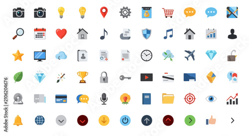 Bild auf Leinwand Universal UI icons provide a comprehensive set of symbols for navigation, e-commerce, and functional web design in a vibrant flat style