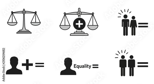 Scales of justice and human equality symbols illustrate concepts of legal fairness and social balance.