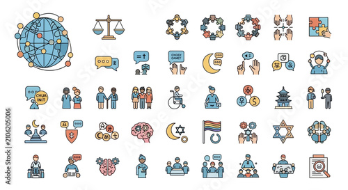 Cuadro en lienzo Icons representing social diversity and global communication illustrate various human interactions and cultural symbols in a flat design style