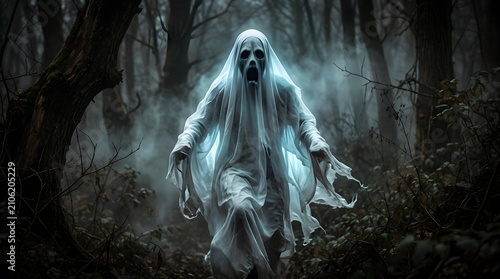 Spooky halloween ghost apparition in dark forest a terrifying halloween night scene for horror and thriller themes