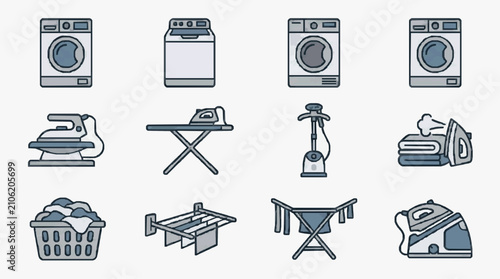 Fotografie Dynamic Set of Monochromatic Laundry Appliances and Tools Illustrated in Minimal