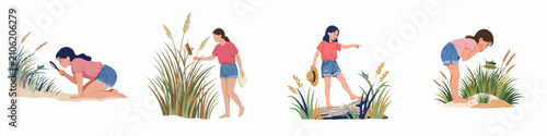Schilderij op canvas Vector illustration set of a young girl exploring nature, observing grasshoppers in the grass with curiosity and a magnifying glass