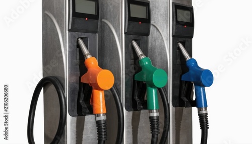 Three fuel pump nozzles in orange, green, and blue attached to black and silver gas dispensers with hoses, isolated on white background.