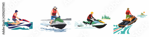 Fotografía Set of four flat vector illustrations featuring people riding jet skis on the ocean with tropical island and pine tree backgrounds