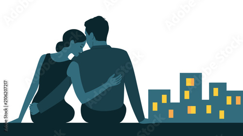 Couple sitting embracing looking at city skyline vector illustration