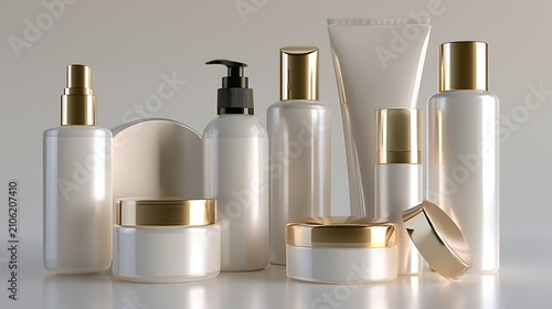 Elegant Collection of Personal Care and Skincare Products in Gold and White Packaging