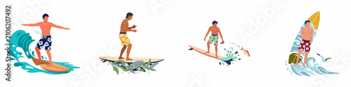 Photography Set of flat vector illustrations featuring men surfing in different styles and environments isolated on a white background