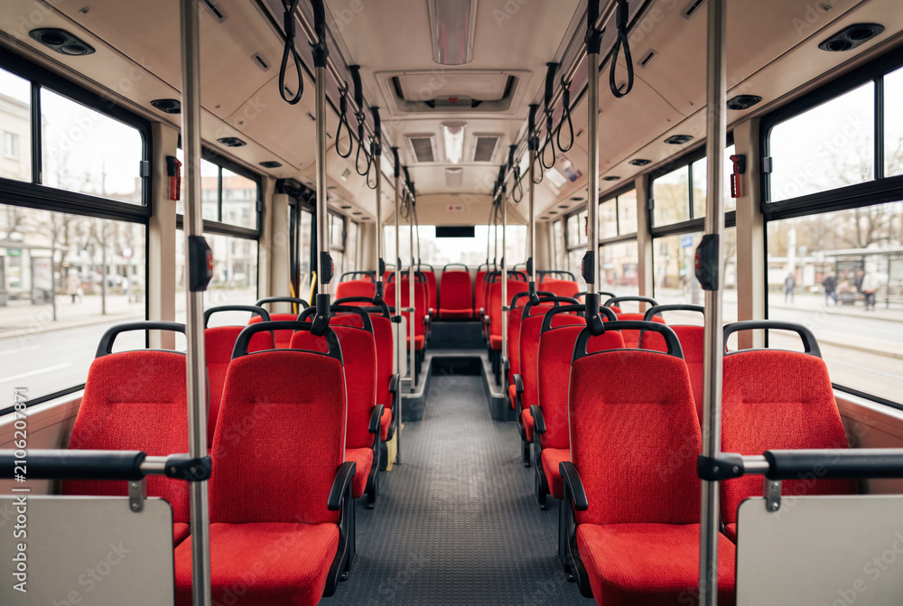 Fototapeta premium Empty interior of a modern urban public bus with bright red seats