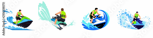 Obraz na płótnie Set of four flat illustrations featuring a man riding a jet ski on water waves with splashes, representing summer extreme water sports activities